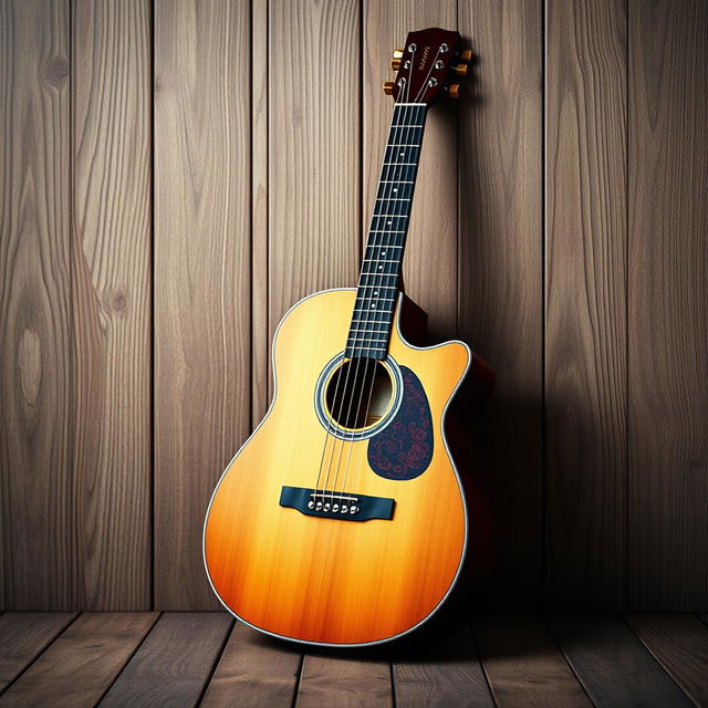 An elegant e-book cover designed to resemble a physical book about guitar, featuring a realistic, artistic depiction of an acoustic guitar leaning against a textured wooden backdrop