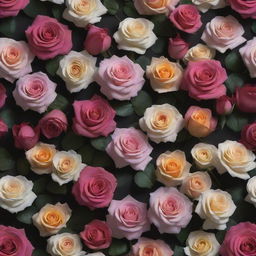 An immersive 3D wallpaper featuring a variety of colorful, realistic flowers, including roses and posies, set against a dark background