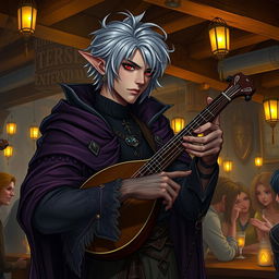 A captivating Drow male bard, depicted as an adult, with short, stylish grey hair and piercing red eyes