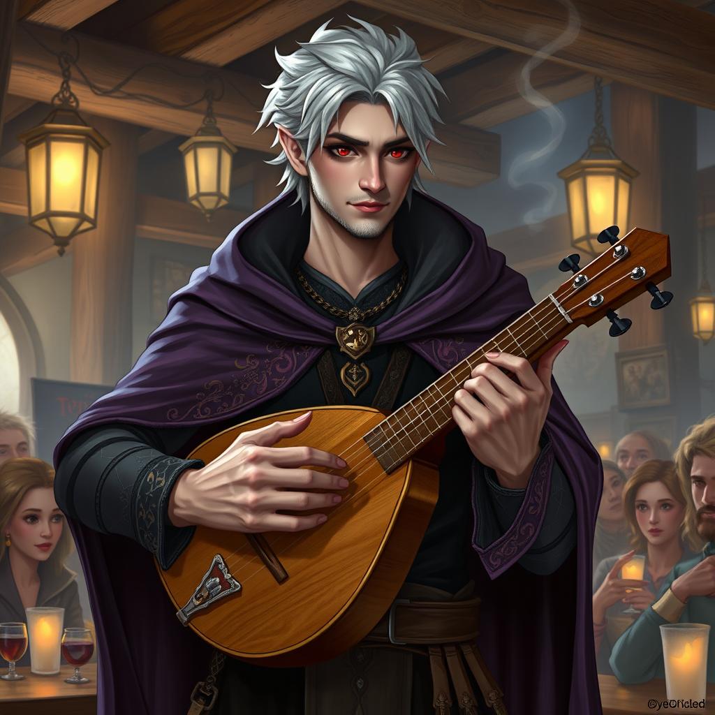 A captivating Drow male bard, depicted as an adult, with short, stylish grey hair and piercing red eyes