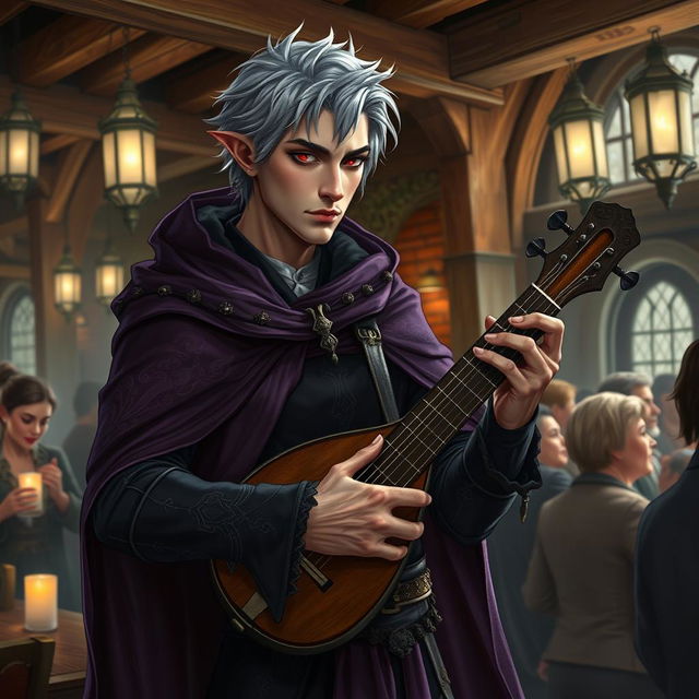 A captivating Drow male bard, depicted as an adult, with short, stylish grey hair and piercing red eyes