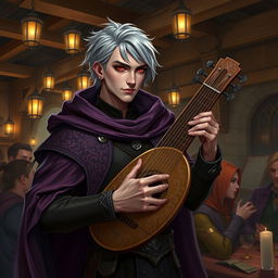 A captivating Drow male bard, depicted as an adult, with short, stylish grey hair and piercing red eyes