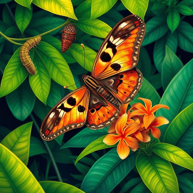 A colorful illustration of the metamorphosis of the Atlas moth, showcasing its transformation from caterpillar to cocoon and finally to a majestic butterfly, soaring gracefully in a lush tropical setting