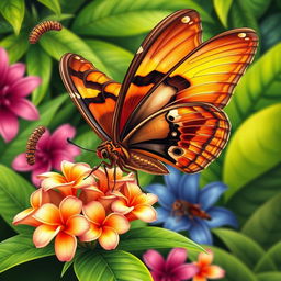 A colorful illustration of the metamorphosis of the Atlas moth, showcasing its transformation from caterpillar to cocoon and finally to a majestic butterfly, soaring gracefully in a lush tropical setting