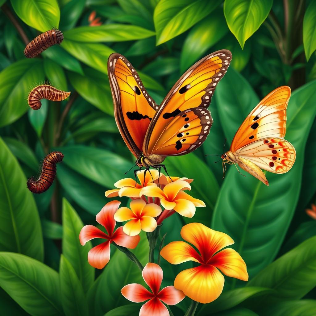 A colorful illustration of the metamorphosis of the Atlas moth, showcasing its transformation from caterpillar to cocoon and finally to a majestic butterfly, soaring gracefully in a lush tropical setting