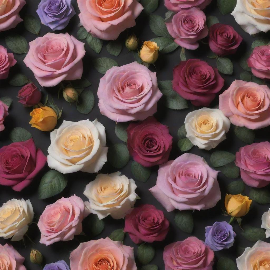 An immersive 3D wallpaper featuring a variety of colorful, realistic flowers, including roses and posies, set against a dark background