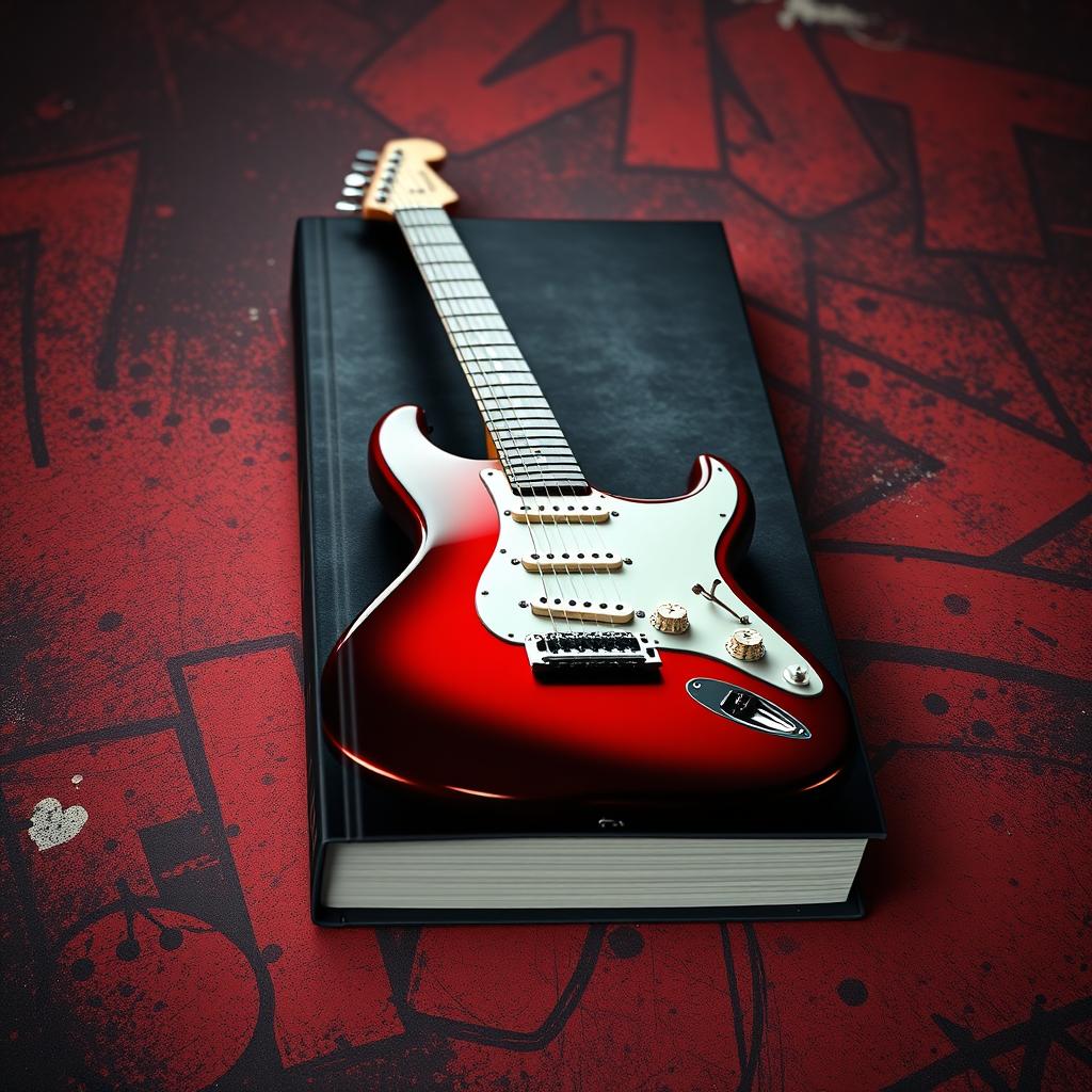 An engaging e-book cover designed to resemble a physical book about electric guitar, featuring a striking image of a glossy electric guitar resting on a grungy, textured backdrop that suggests rock music vibes