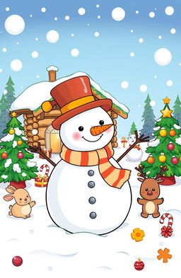 A delightful and cheerful toddler Christmas coloring book illustration featuring a colorful scene of a snowman wearing a top hat and scarf, surrounded by fluffy snowflakes gently falling from the sky