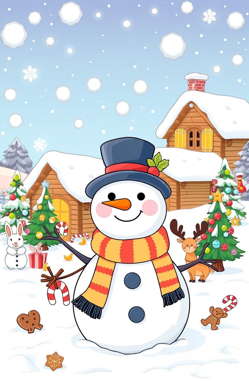 A delightful and cheerful toddler Christmas coloring book illustration featuring a colorful scene of a snowman wearing a top hat and scarf, surrounded by fluffy snowflakes gently falling from the sky