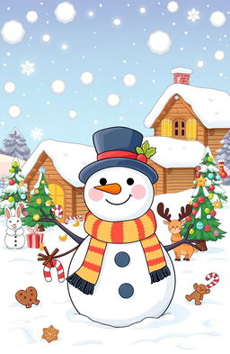 A delightful and cheerful toddler Christmas coloring book illustration featuring a colorful scene of a snowman wearing a top hat and scarf, surrounded by fluffy snowflakes gently falling from the sky