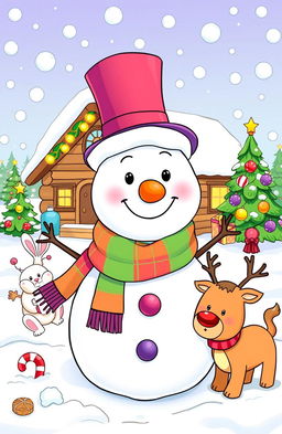 A delightful and cheerful toddler Christmas coloring book illustration featuring a colorful scene of a snowman wearing a top hat and scarf, surrounded by fluffy snowflakes gently falling from the sky