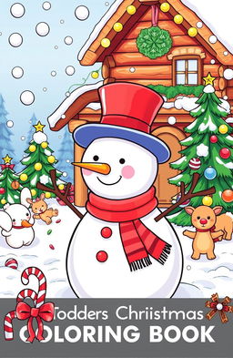 A delightful and cheerful toddler Christmas coloring book illustration featuring a colorful scene of a snowman wearing a top hat and scarf, surrounded by fluffy snowflakes gently falling from the sky