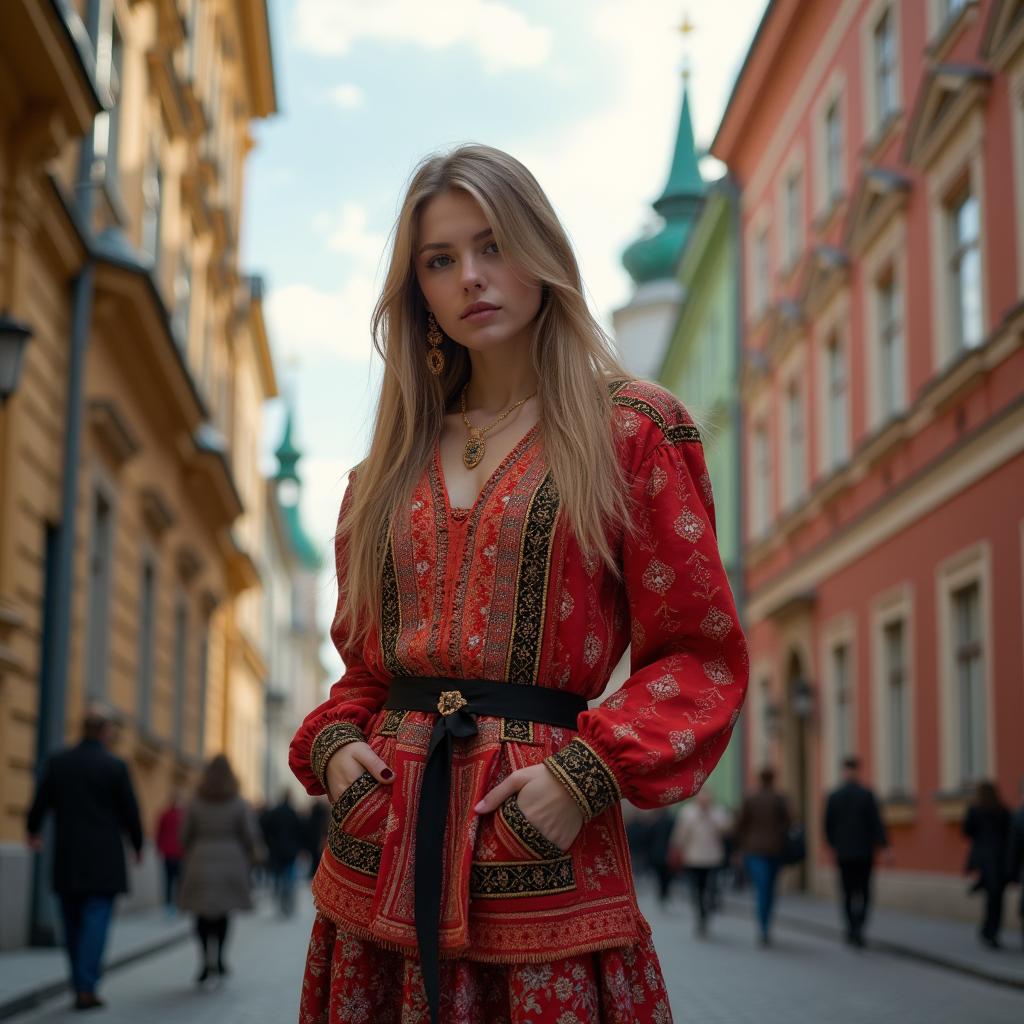 A captivating scene featuring a young, attractive Russian woman in a striking outfit, showcasing traditional elements mixed with modern fashion