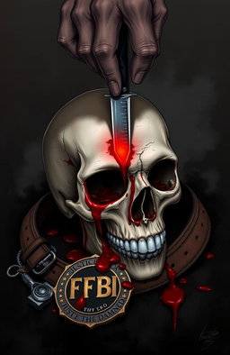 A dramatic and dark illustration of a bloody skull with a knife plunged through its eye, symbolizing the 'Justice of the Damned'