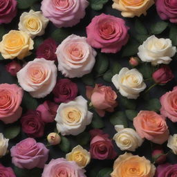 An immersive 3D wallpaper featuring a variety of colorful, realistic flowers, including roses and posies, set against a dark background