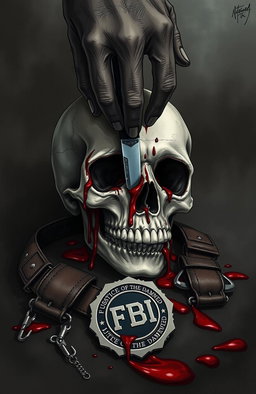 A dramatic and dark illustration of a bloody skull with a knife plunged through its eye, symbolizing the 'Justice of the Damned'