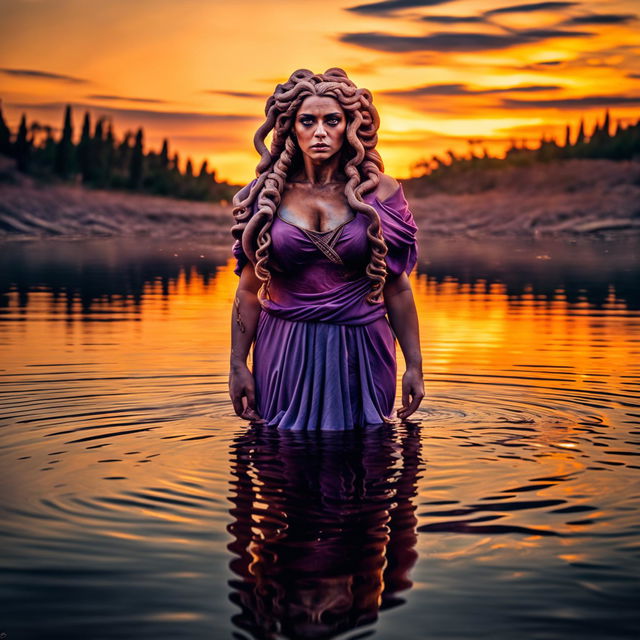 Medusa in waist-deep lake, gazing at reflection as she turns to stone