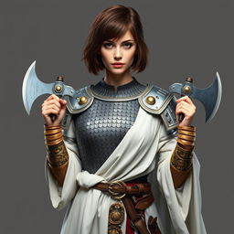 A standing female medieval cleric with short brown hair, exuding confidence and strength