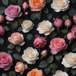 A 3D wallpaper resonating with dark backdrop adorned with vibrant roses, posies, and additions of fetching magnolias in mixed colours