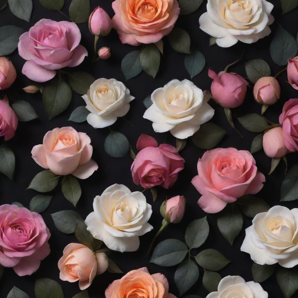 A 3D wallpaper resonating with dark backdrop adorned with vibrant roses, posies, and additions of fetching magnolias in mixed colours