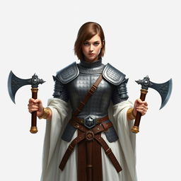 A standing female medieval cleric with short brown hair, exuding confidence and strength