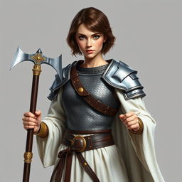 A standing female medieval cleric with short brown hair, exuding confidence and strength