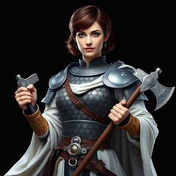 A standing female medieval cleric with short brown hair, exuding confidence and strength
