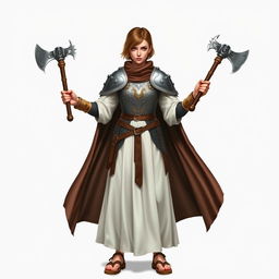 A standing female medieval cleric with short brown hair, radiating strength and grace