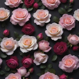 A 3D wallpaper resonating with dark backdrop adorned with vibrant roses, posies, and additions of fetching magnolias in mixed colours