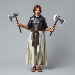 A standing female medieval cleric with short brown hair, radiating strength and grace