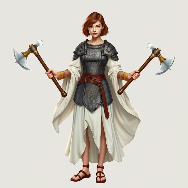 A standing female medieval cleric with short brown hair, radiating strength and grace