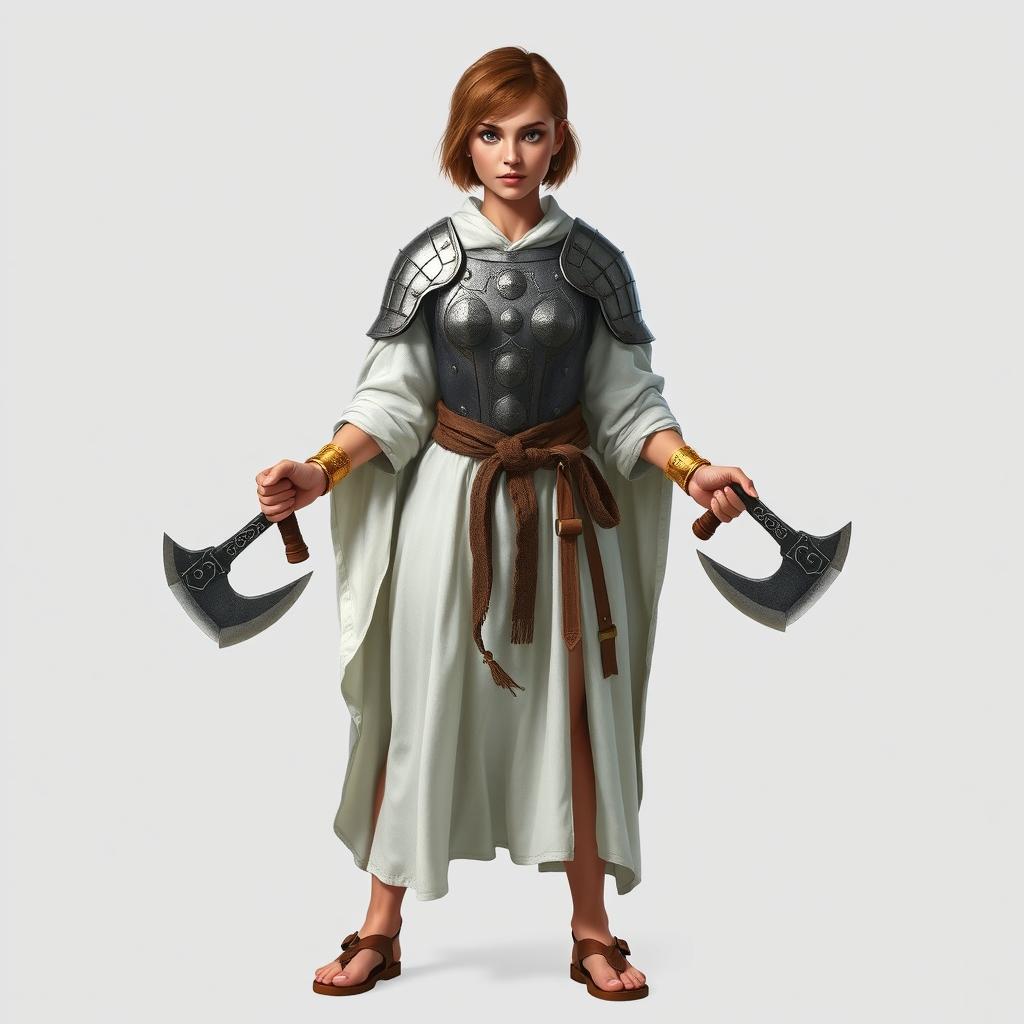 A standing female medieval cleric with short brown hair, radiating strength and grace