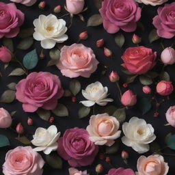 A 3D wallpaper resonating with dark backdrop adorned with vibrant roses, posies, and additions of fetching magnolias in mixed colours