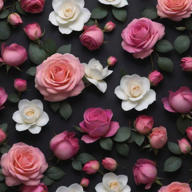 A 3D wallpaper resonating with dark backdrop adorned with vibrant roses, posies, and additions of fetching magnolias in mixed colours