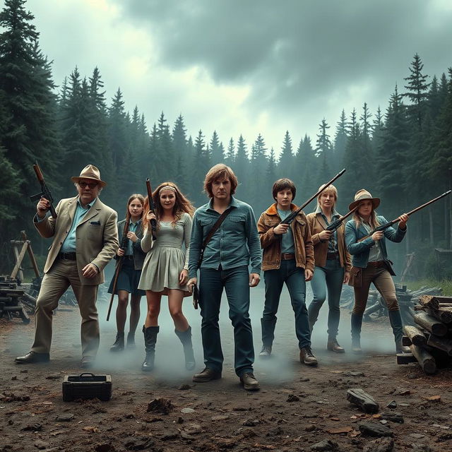 A dramatic scene set in a dystopian arena inspired by 'The Hunger Games', featuring the members of the Brady Bunch as competitors