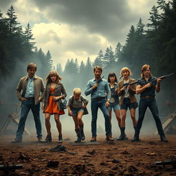 A dramatic scene set in a dystopian arena inspired by 'The Hunger Games', featuring the members of the Brady Bunch as competitors