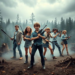 A dramatic scene set in a dystopian arena inspired by 'The Hunger Games', featuring the members of the Brady Bunch as competitors
