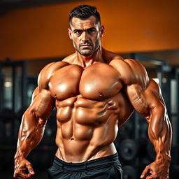 A muscular bodybuilder in an impressive pose, showcasing defined muscles and strength, standing in a gym environment with weights and gym equipment in the background