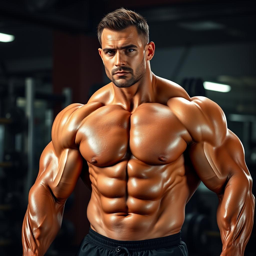 A muscular bodybuilder in an impressive pose, showcasing defined muscles and strength, standing in a gym environment with weights and gym equipment in the background