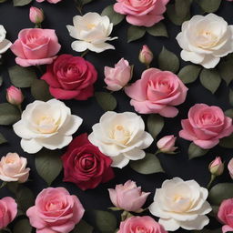 A captivating 3D wallpaper featuring a dark backdrop, filled with a vibrant array of roses, posies, and large, standout magnolias in diverse colors