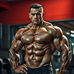 A muscular bodybuilder in an impressive pose, showcasing defined muscles and strength, standing in a gym environment with weights and gym equipment in the background