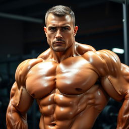 A muscular bodybuilder in an impressive pose, showcasing defined muscles and strength, standing in a gym environment with weights and gym equipment in the background