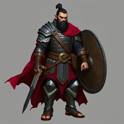 A standing male demi-orc warrior with short black hair styled in a manbun, showcasing his fierce demeanor