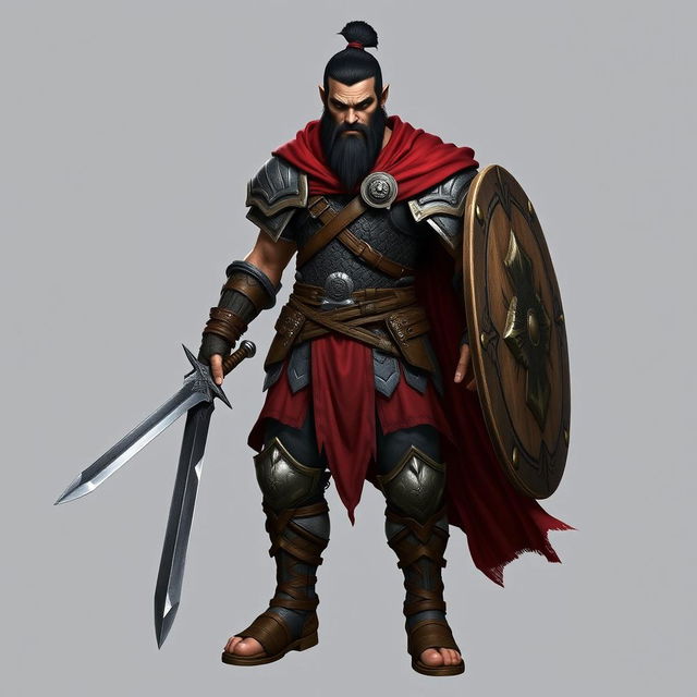 A standing male demi-orc warrior with short black hair styled in a manbun, showcasing his fierce demeanor