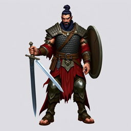 A standing male demi-orc warrior with short black hair styled in a manbun, showcasing his fierce demeanor