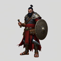 A standing male demi-orc warrior with short black hair styled in a manbun, showcasing his fierce demeanor