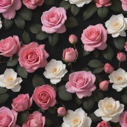 A captivating 3D wallpaper featuring a dark backdrop, filled with a vibrant array of roses, posies, and large, standout magnolias in diverse colors