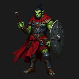 A standing male demi-orc warrior with green skin and short black hair styled in a manbun, embodying a fierce and determined warrior spirit