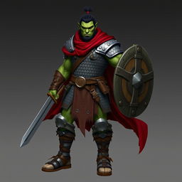 A standing male demi-orc warrior with green skin and short black hair styled in a manbun, embodying a fierce and determined warrior spirit