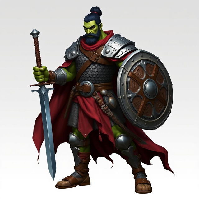 A standing male demi-orc warrior with green skin and short black hair styled in a manbun, embodying a fierce and determined warrior spirit